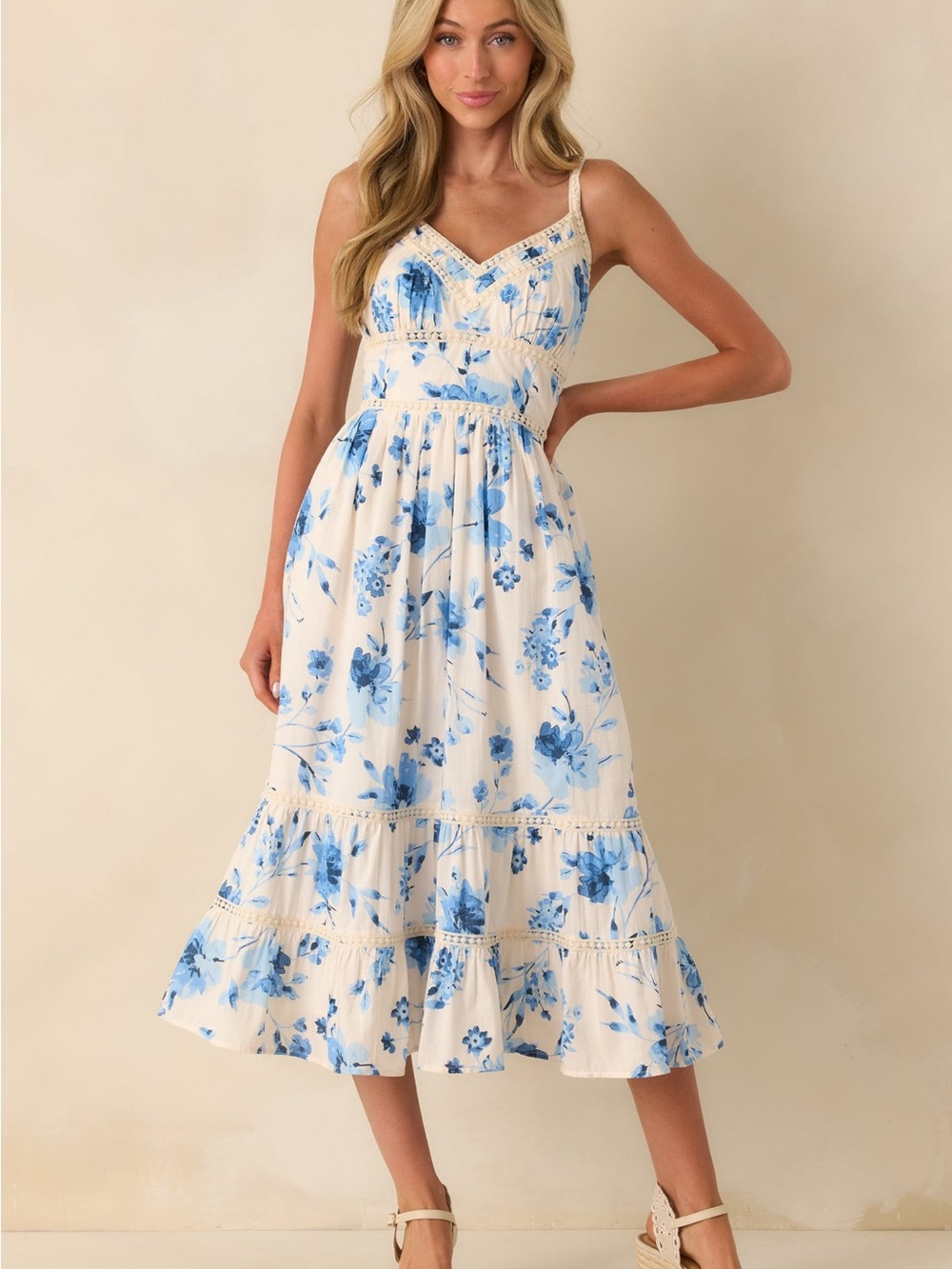 Red Dress Boutique Blue Floral on Cream Midi Dress
